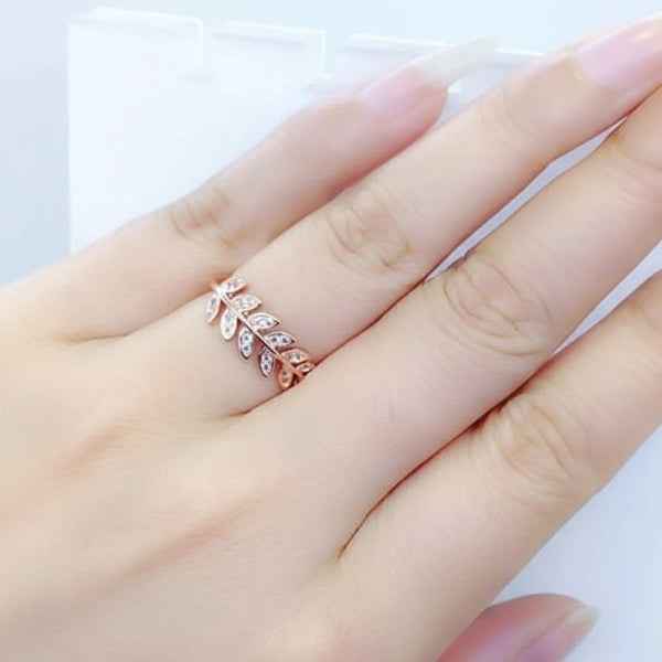Rose Gold Leaf Finger Ring - Sparkling Crystal Adjustable Band