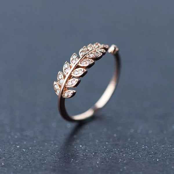 Rose Gold Leaf Finger Ring - Sparkling Crystal Adjustable Band