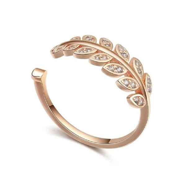 Rose Gold Leaf Finger Ring - Sparkling Crystal Adjustable Band