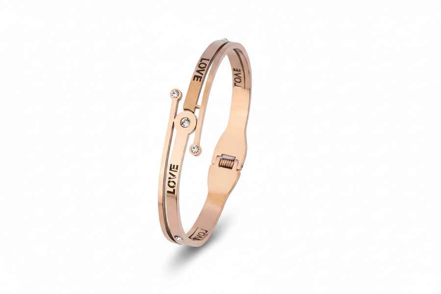 Rose Gold Love Bangle: Trendy Engraved Crystal Bracelet for Women