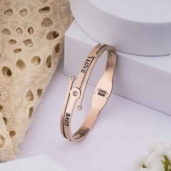 Rose Gold Love Bangle: Trendy Engraved Crystal Bracelet for Women