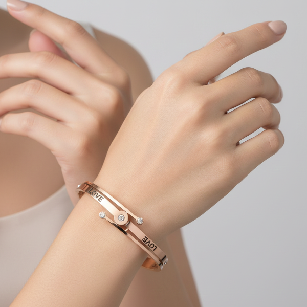 Rose Gold Love Bangle: Trendy Engraved Crystal Bracelet for Women