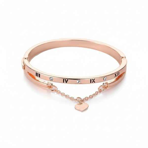 Rose Gold Numeral Bangle - Premium Heart Charm & Roman Numeral Jewelry