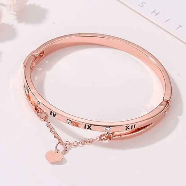 Rose Gold Numeral Bangle - Premium Heart Charm & Roman Numeral Jewelry