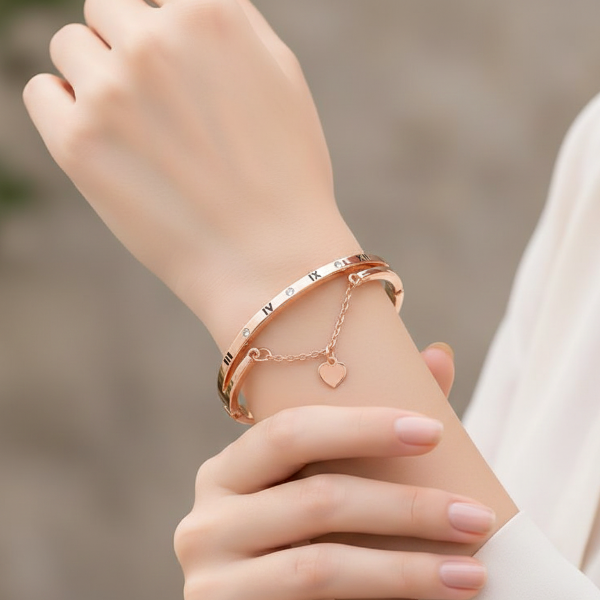 Rose Gold Numeral Bangle - Premium Heart Charm & Roman Numeral Jewelry