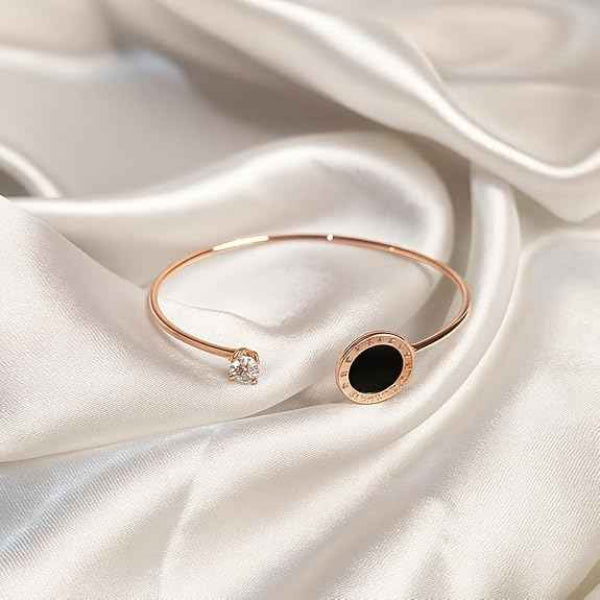 Rose Gold Numeral Bangle - Luxury Black Disc Cuff & Crystal Jewelry
