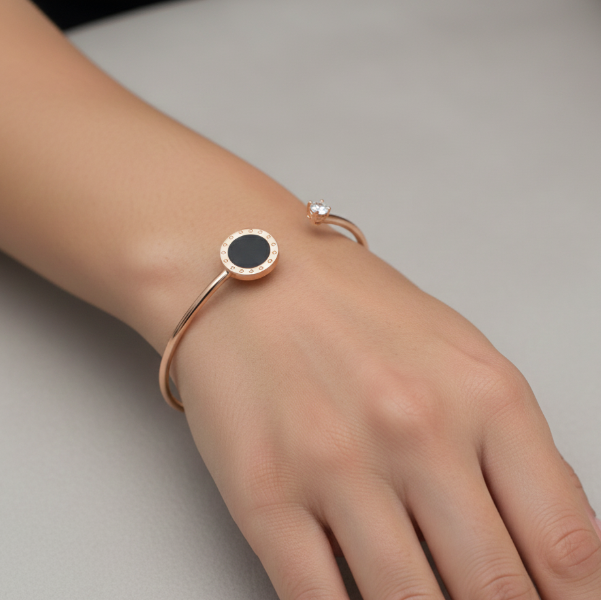 Rose Gold Numeral Bangle - Luxury Black Disc Cuff & Crystal Jewelry