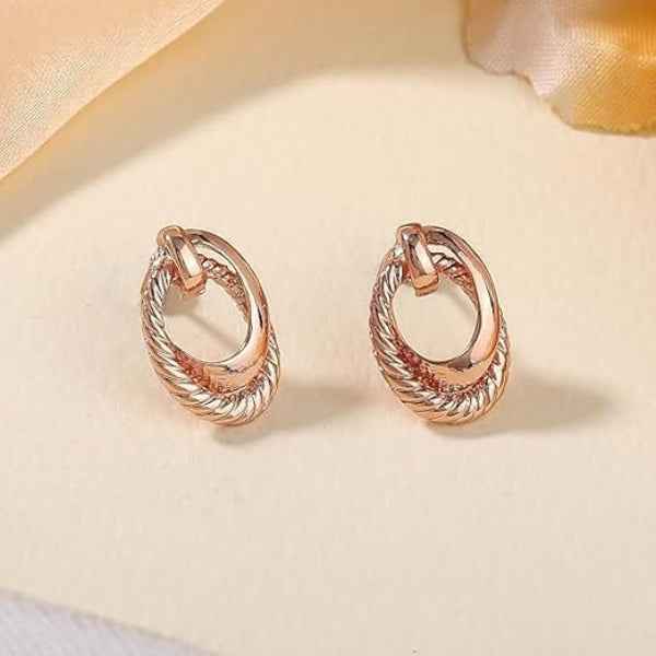 Rose Gold Oval Hoop Stud Earrings | Rope Texture Classic Design