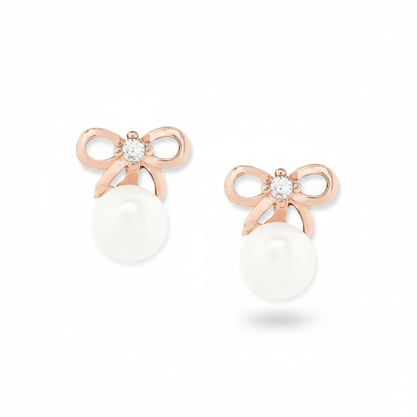 Rose Gold Plated Pearl Earrings | Dainty Bow Studs