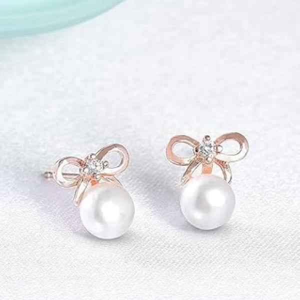 Elegant Rose Gold Pearl Drop Earrings | Dainty Bow Studs