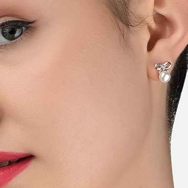 Elegant Rose Gold Pearl Drop Earrings | Dainty Bow Studs