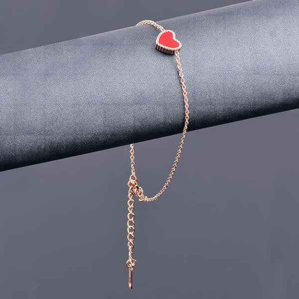 Rose Gold Red Heart Anklet - Sparkling Adjustable Dainty Foot Jewelry