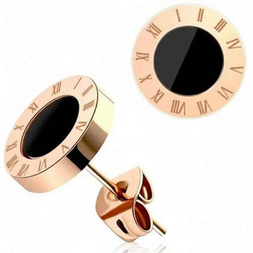 Rose Gold Roman Numeral Stud Earrings | Black Enamel Chic