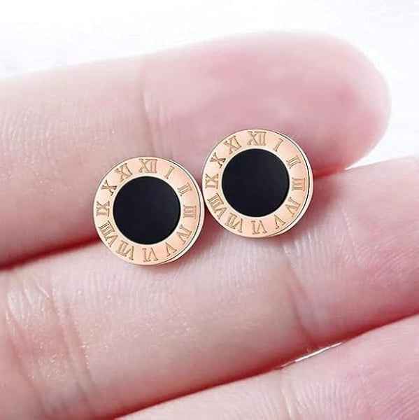 Rose Gold Roman Numeral Stud Earrings | Black Enamel Chic