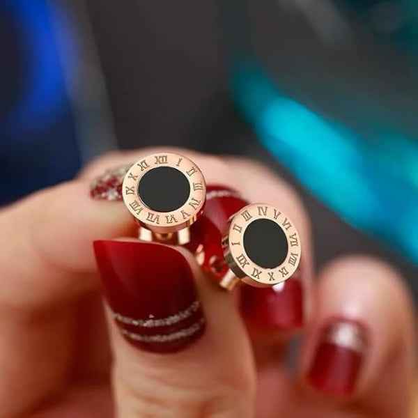 Rose Gold Roman Numeral Stud Earrings | Black Enamel Chic