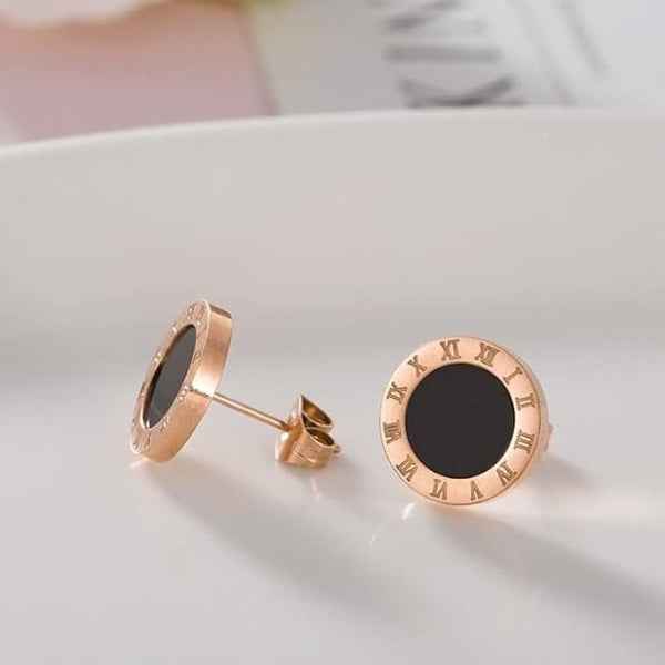 Rose Gold Roman Numeral Stud Earrings | Black Enamel Chic