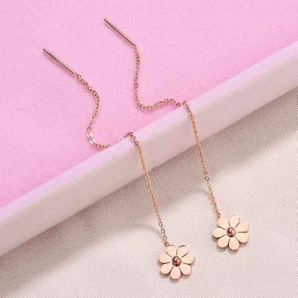 Rose Gold Threaders | 14k Pink Gold Flower Long Dangle Earrings