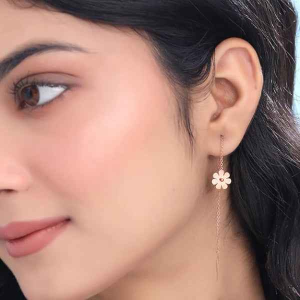 Rose Gold Threaders | 14k Pink Gold Flower Long Dangle Earrings