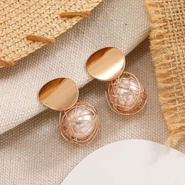 Modern Rose Gold Orb Drop Earrings – Statement Pearl Cage Jewelry