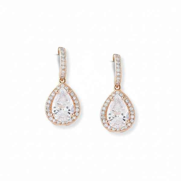 Sparkling Rose Gold Teardrop Drop Earrings – Bridal Cubic Zirconia