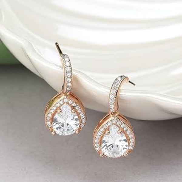 Sparkling Rose Gold Teardrop Drop Earrings – Bridal Cubic Zirconia