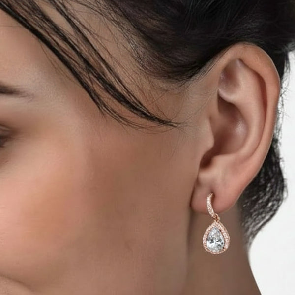 Sparkling Rose Gold Teardrop Drop Earrings – Bridal Cubic Zirconia