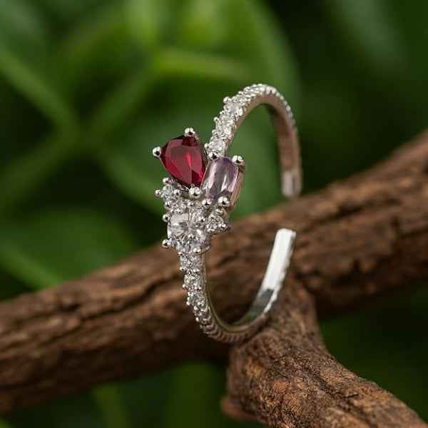 Bold Ruby Crystal Ring - Radiant Gemstone Cluster Statement Finger Ring