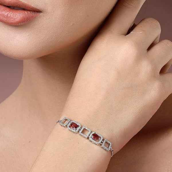 Ruby Slider Bracelet with Silver Box Chain and Adjustable Bolo Clasp