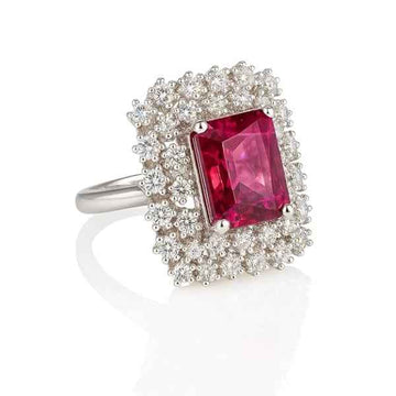 Ruby Solitaire Ring | Sparkling Red Crystal Halo Statement Ring for Her