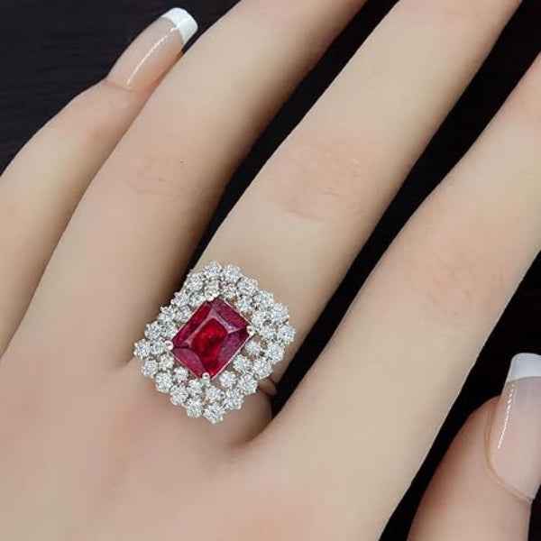 Ruby Solitaire Ring | Sparkling Red Crystal Halo Statement Ring for Her