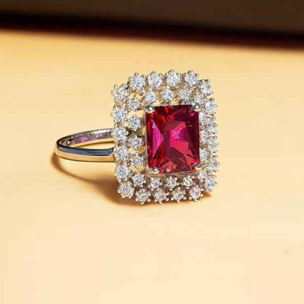 Ruby Solitaire Ring | Sparkling Red Crystal Halo Statement Ring for Her