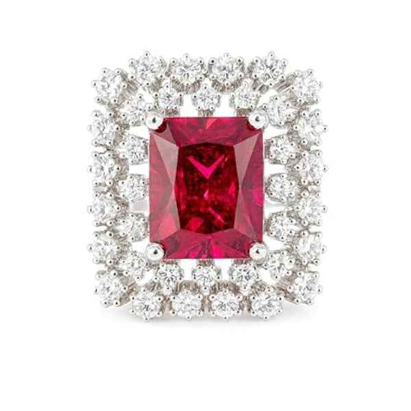 Ruby Solitaire Ring | Sparkling Red Crystal Halo Statement Ring for Her