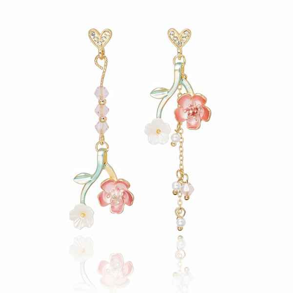 Sakura Blossom Earrings | Dainty Asymmetrical Pink Flower Drop Jewelry