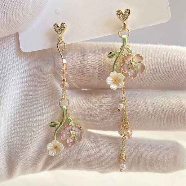 Sakura Blossom Earrings | Dainty Asymmetrical Pink Flower Drop Jewelry