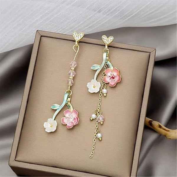 Sakura Blossom Earrings | Dainty Asymmetrical Pink Flower Drop Jewelry