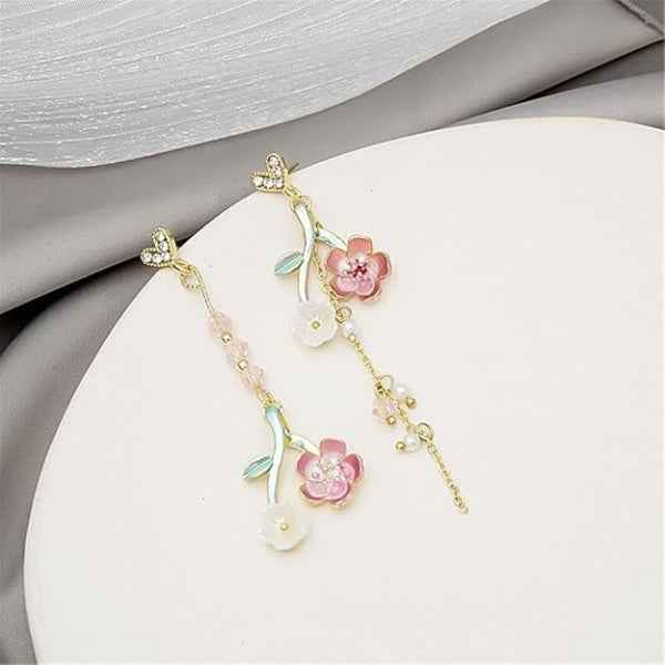 Sakura Blossom Earrings | Dainty Asymmetrical Pink Flower Drop Jewelry