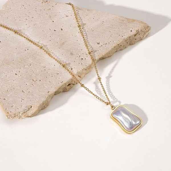 Shell Pearl Necklace - Gold Irregular Molten Frame Pendant Jewelry