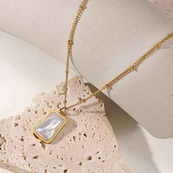 Shell Pearl Necklace - Gold Irregular Molten Frame Pendant Jewelry