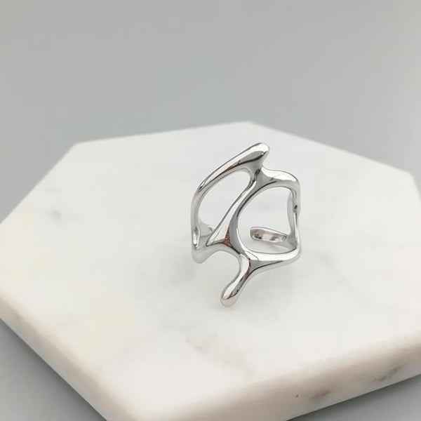 Silver Abstract Ring - Shimmering Wavy Open Wrap Statement Band Ring