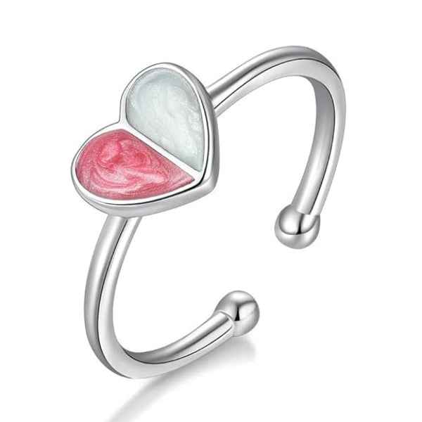 Pink Enamel Heart Ring - Adjustable Silver Ring for Women