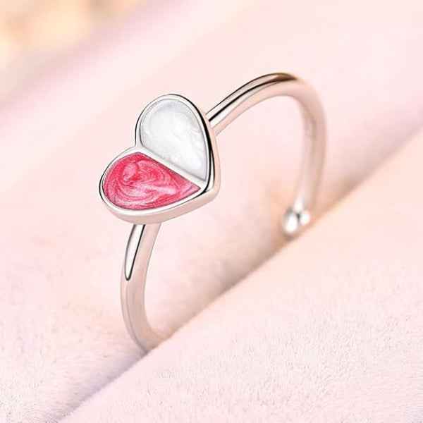 Pink Enamel Heart Ring - Adjustable Silver Ring for Women
