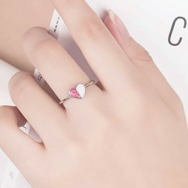 Pink Enamel Heart Ring - Adjustable Silver Ring for Women