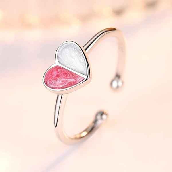 Pink Enamel Heart Ring - Adjustable Silver Ring for Women