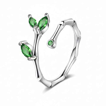 Silver Bamboo Ring - Shimmering Emerald Green Leaf Adjustable Ring