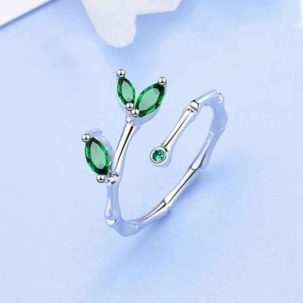 Silver Bamboo Ring - Shimmering Emerald Green Leaf Adjustable Ring