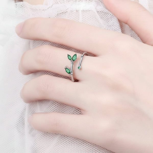 Silver Bamboo Ring - Shimmering Emerald Green Leaf Adjustable Ring