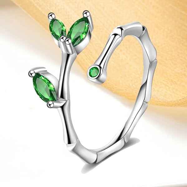 Silver Bamboo Ring - Shimmering Emerald Green Leaf Adjustable Ring