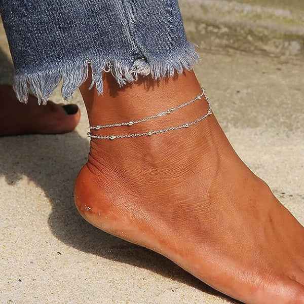 Silver Bar Anklet - Shimmering Double Layer Dainty Foot Jewelry for Women