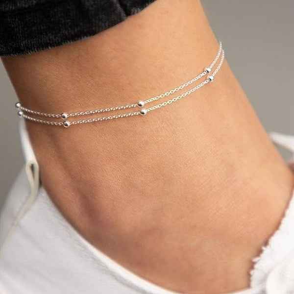 Silver Bar Anklet - Shimmering Double Layer Dainty Foot Jewelry for Women