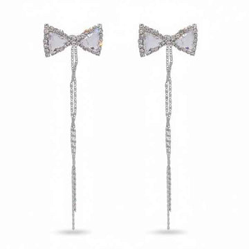 Silver Bow Dangles | Dainty Crystal Tassel Ethereal Ribbon Earrings